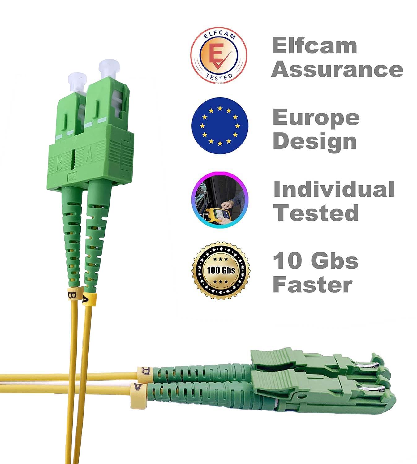 Elfcam® - 30m Câble à Fibre Optique E2000/APC à SC/APC,Monomode Duplex, Jarretière Optique 9/125μm OS2 2.0mm G652D LSZH, Jaune(30M)
