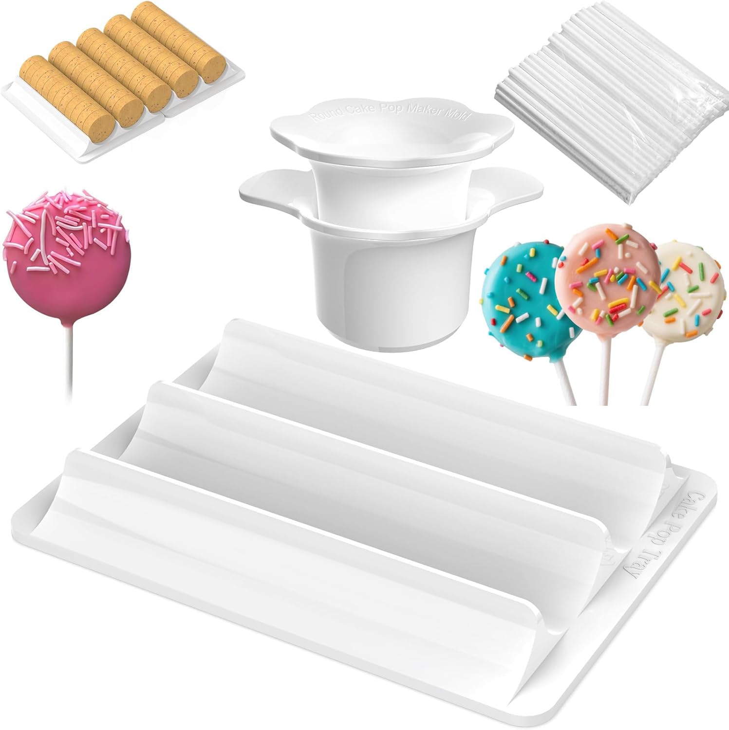 Cake Pop Cutter Pusher Press with Tray, Circle Cake Pop Mold Set + 200x Lollipop Candy Sticks, Candy Cookies Chocolate Treat Mould Kitchen Baking Tool Birthday Party Wedding Desserts