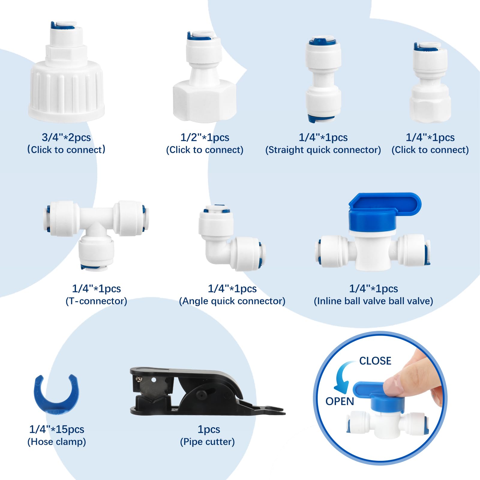 Kit de Raccordement D'eau pour Réfrigérateur de 15m, Tuyau D'alimentation en Eau Tube de Filtre Pièces et Accessoires, Matériau POM Tuyau Frigo Alimentation en eau pour Réfrigérateurs,Aquarium（1/4"）