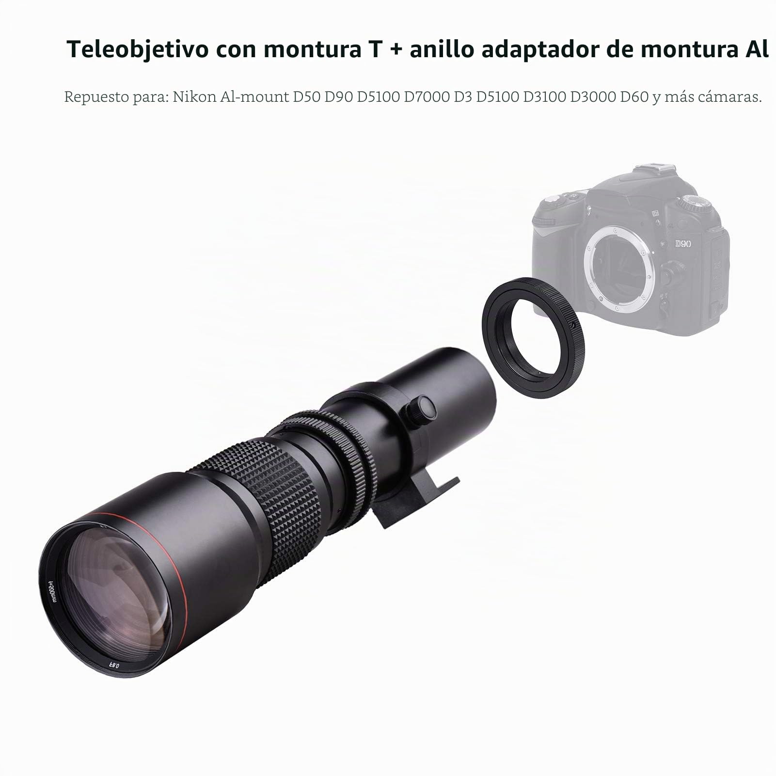 Andoer 500 mm 1: 8.0-32 Super teleobjetivo manual Zoom + T-Mount a F-Mount Kit de anillo adaptador para Nikon D3300 D3400 D3500 D5300 D5500 D5600 D610 D700 D7000 D7100 D72000 D750. D7500 D760 D800