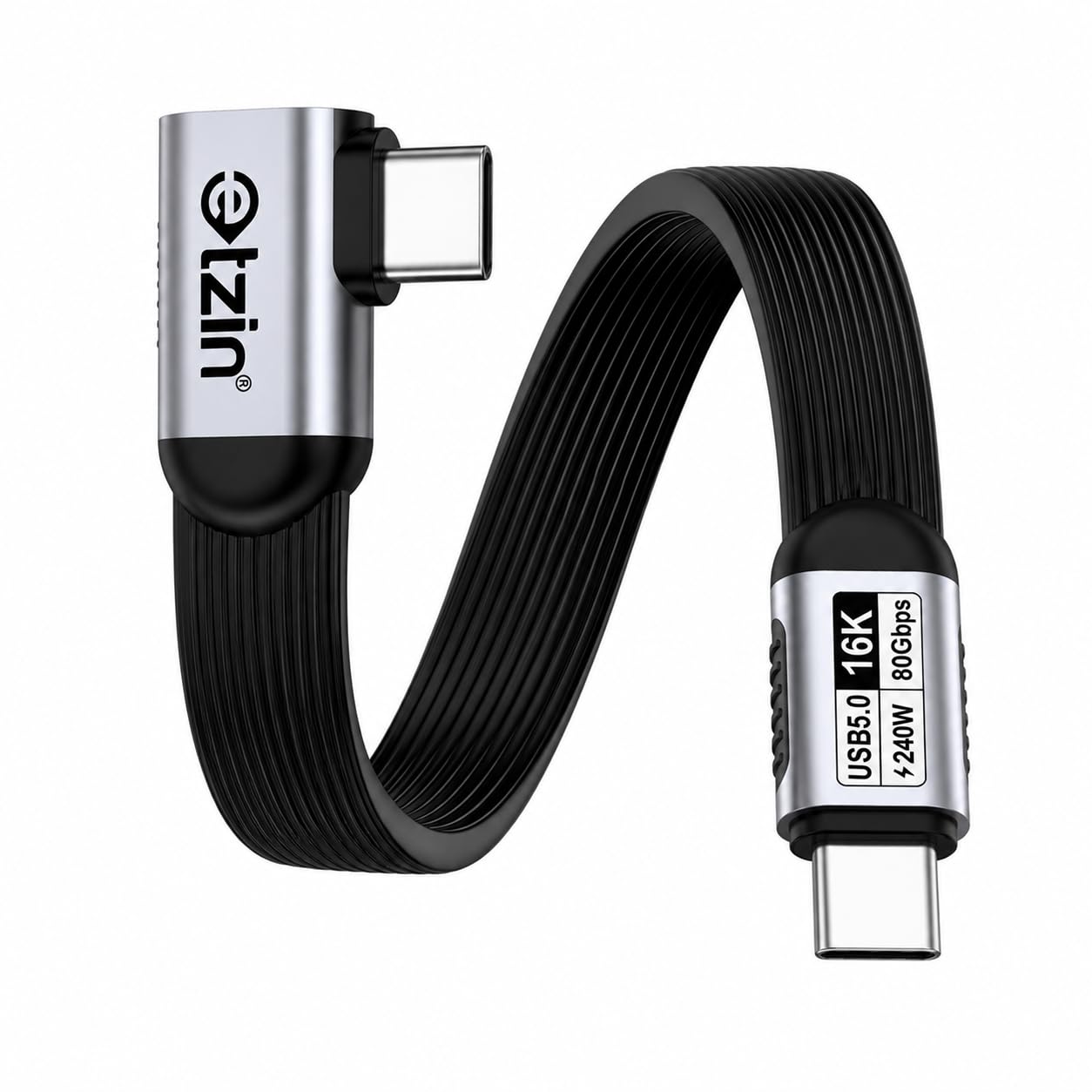 etzin usb4 right angle flat type c cable 15cm 240w 40gbps 8k male to male | usb4.0 90 degree angled fpc ribbon cord, aluminium alloy shells, works with thunderbolt 4 and 3 ports, 1666cc-15cm