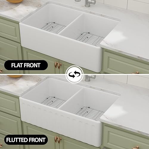 Miniatura 3 de Yurshen - Delantal de fregadero de 33 pulgadas x 20 pulgadas, color blanco, para fregadero de cocina de granja, delantal plano, reversible, arcilla