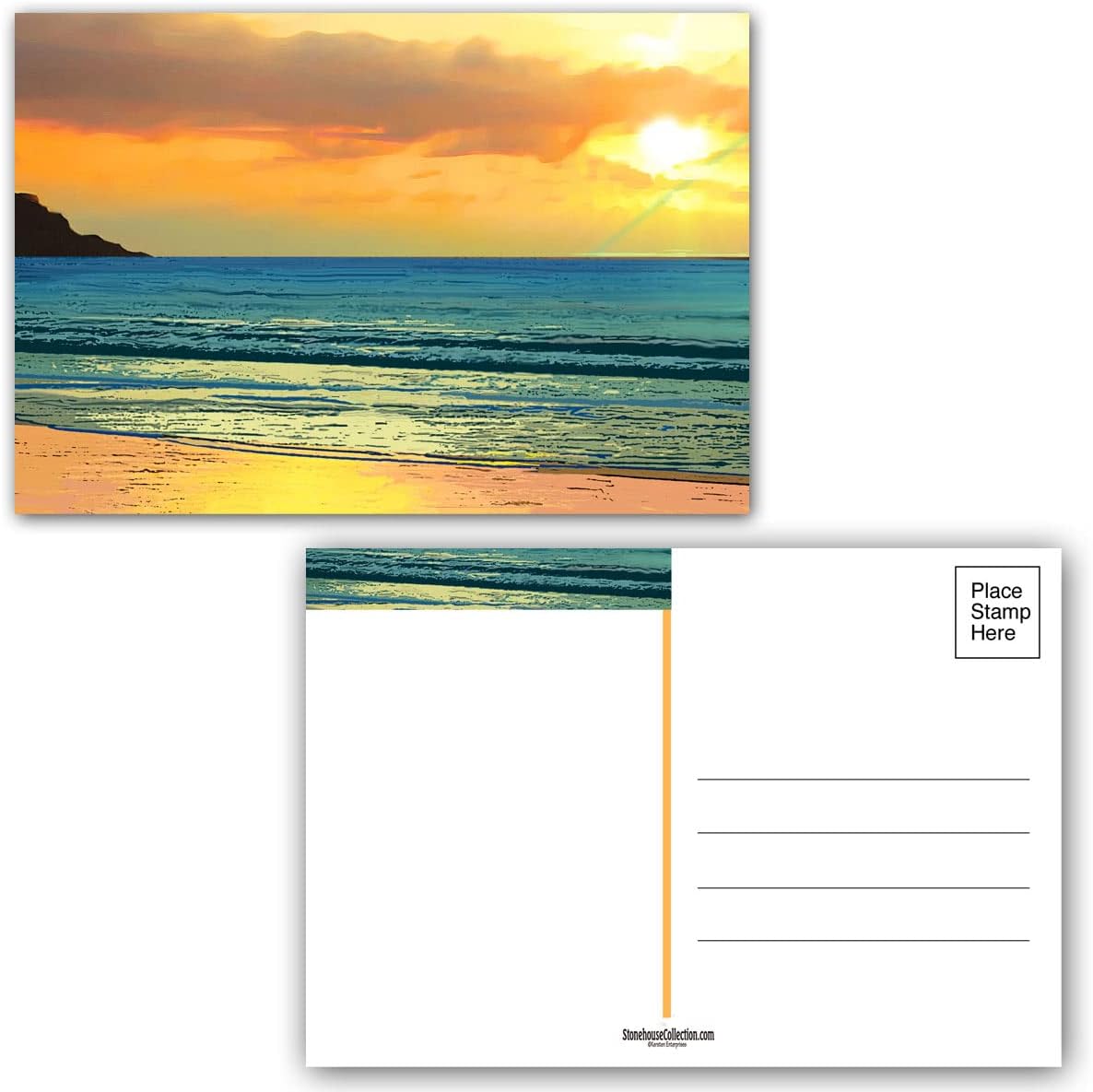 Stonehouse Collection Beach Postcards - 4 x 6 Beach Sand Postcards - 40 Sea Side Postcards - USA Made (Golden Sunset)