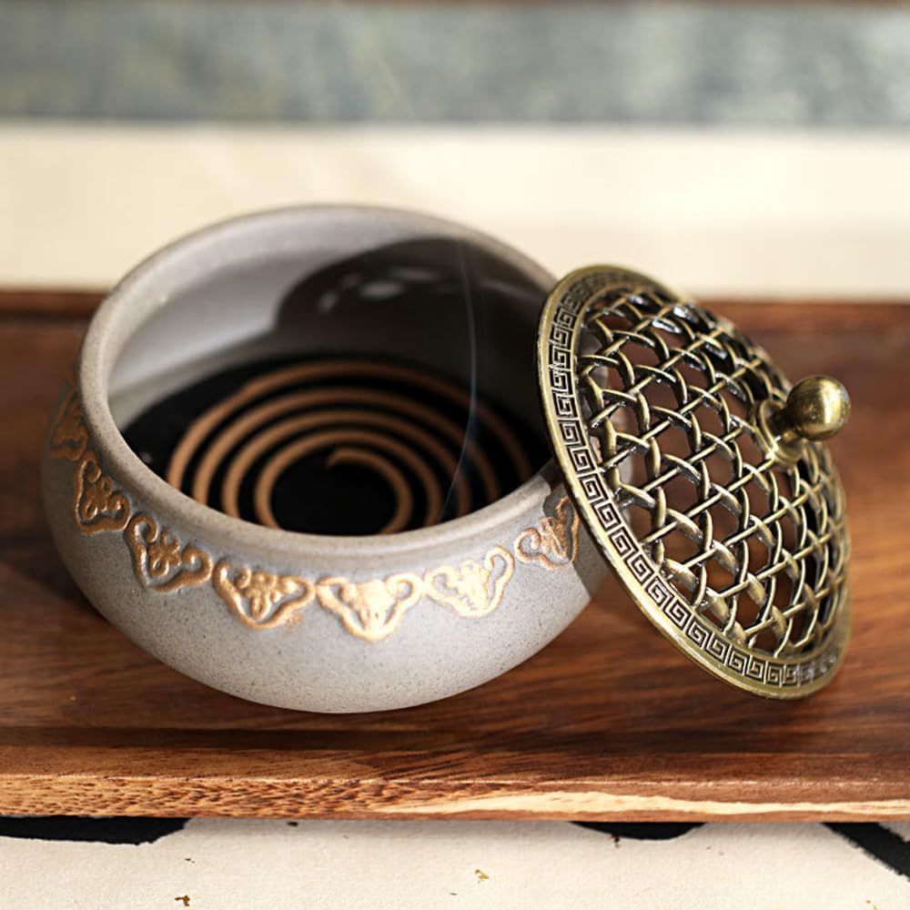 Keramische wierookbrander Biluer Wierookstokhouders Wierookkom Gecraqueleerd Keramiek Decoratief met messing Kalebas Wierookstokhouder Keramische wierookbrander voor thuis Boeddhistisch decor