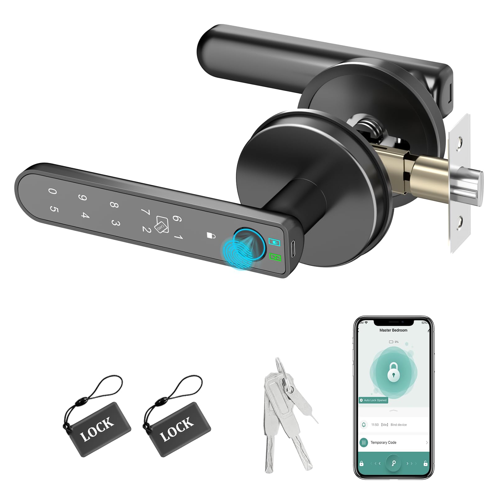 Foxgard Smart Fingerprint Door Lock:Fingerprint Door Knob-Biometric 5-in-1 Finger Print Door Lock-Smart Door Knob for Bedroom-APP Control-Easy Installation–Round Black–1 Pack