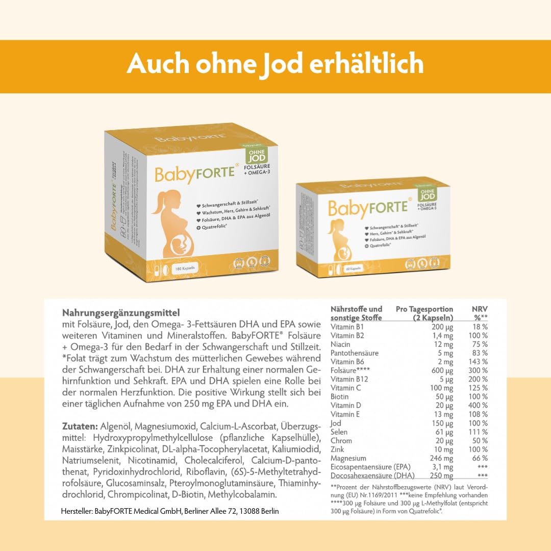 BabyFORTE® Folsäure + Omega-3 Algenöl | vegan | Trimesterbox 180 Kapseln | 18 Schwangerschaftsvitamine | Quatrefolic®, Magnesium, Jod, DHA EPA Schwangerschaft | Stillzeit
