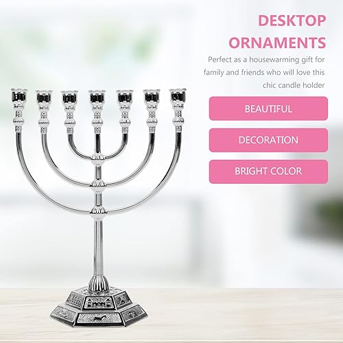 Miniatura 3 de Garneck 7 ramas menorá portavelas Hanukkah Candelabros Candelabro Centro de mesa para Jerusalén Festival Judío Decoración 6.7 in Plata