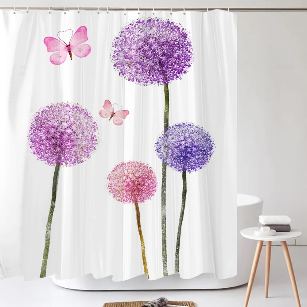 Cortina de Ducha 200 x 200 cm Impermeable con Diseño Floral de Diente de León, con Estampado de Diente de León Morado y Mariposa sobre Fondo Blanco, Tela de Poliéster para decoración de Bañeras