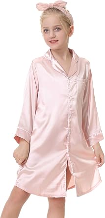 CattyGirl Childrens Nightgown Polyester Silk Satin Sleepwear Girls Long Sleeve Nightdress Pajamas Rose Gold
