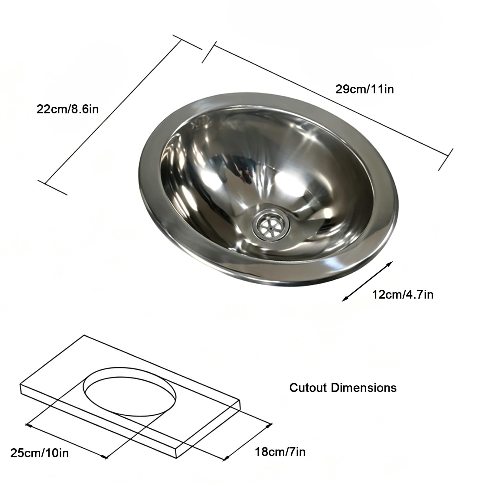 Lavello da cucina per camper, ovale, in acciaio inox, per camion, bar, camper, barca, camper (29 x 22 x 12 cm), durevole e versatile