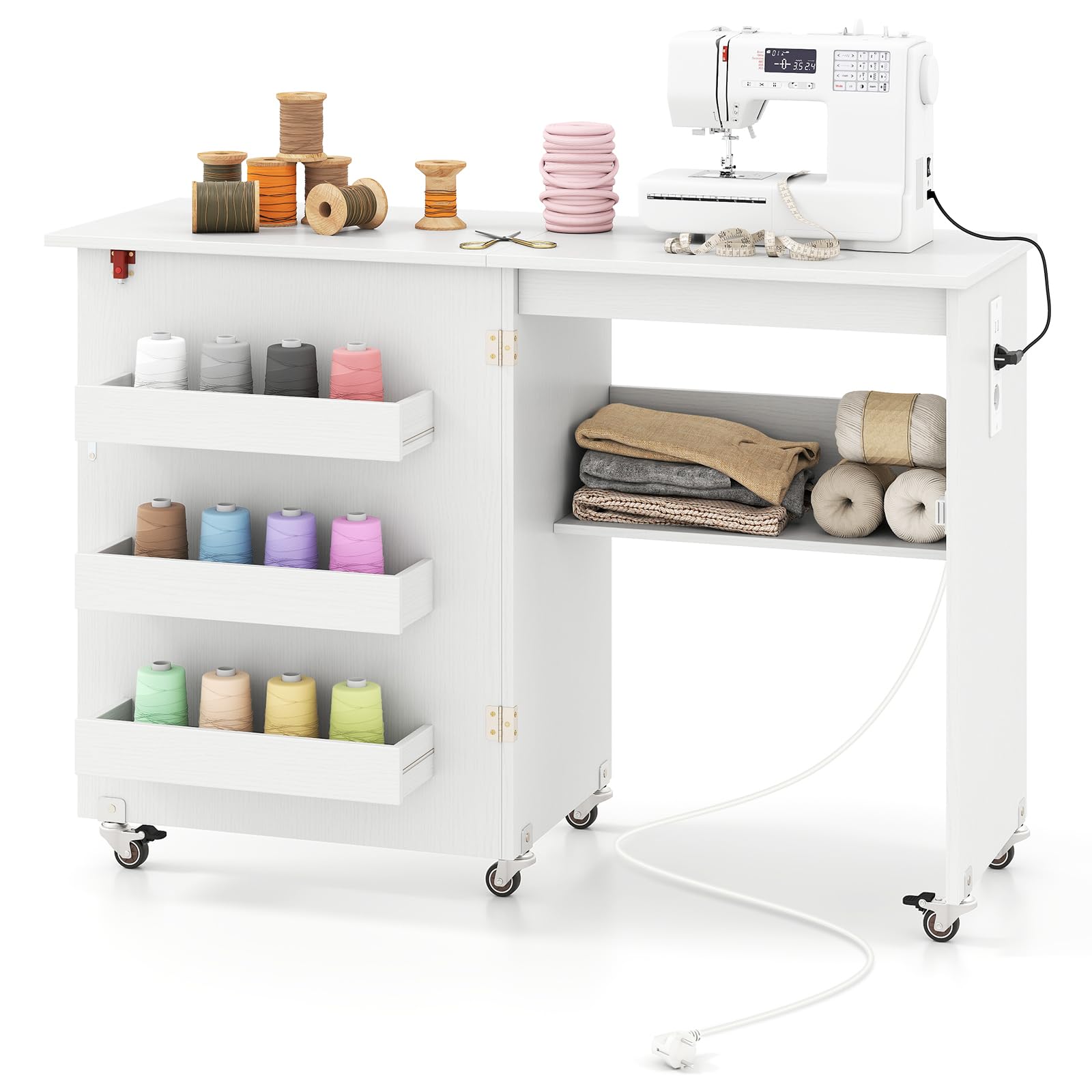 COSTWAY Mesa de Costura Plegable con Estación de Carga, con Estantes y Contenedores, Gabinete de Almacenamiento Rodante Multifuncional con Ruedas Bloqueables para Hogar, Dormitorio (Blanco)