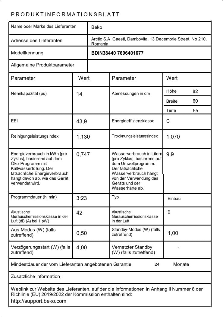 Beko BDIN38440 - Lavastoviglie da incasso, 60 cm, completamente integrato, per 14 soffitti su misura, 3 lavelli, 5 temperature, velocità+, asciugatura SteamGloss, CornerIntense, TrayWash