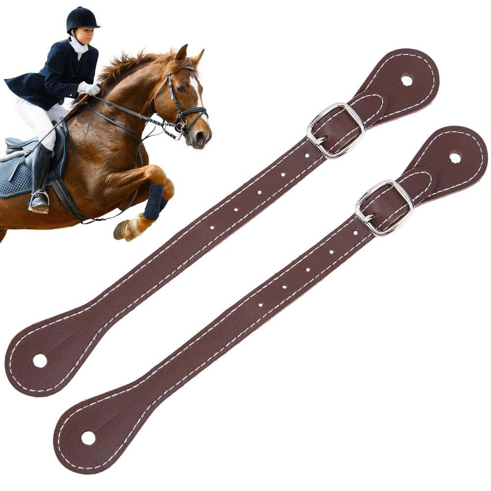CALFOVERA 2PCS 22.5cm Genuine Leather Double Ply Reinforced Stitching Stirrup Straps Adjustable Stability Cowhide Leather Equestrian English Spur Straps with Buckle for Saddles Horse Riding(Brown)