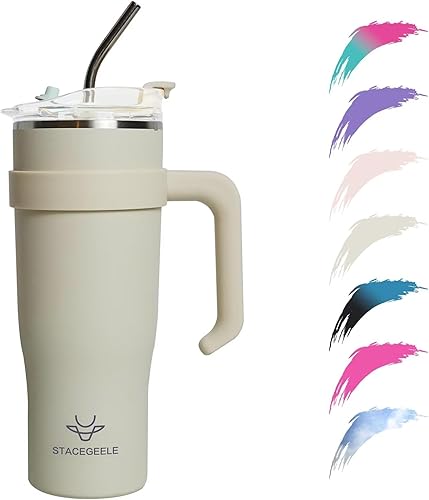 Miniatura 1 de Vasos aislados de 40 onzas con asa y pajita, vaso reutilizable para café helado con tapa, taza de café de viaje para bebidas frías y calientes,