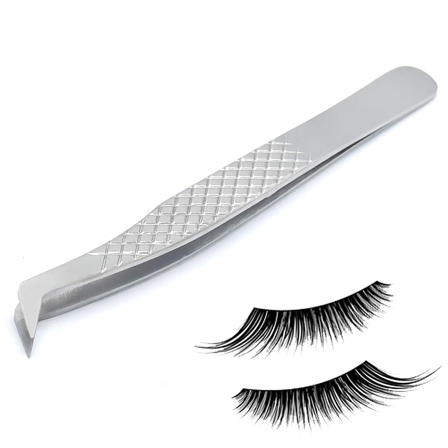 G.S Volume Eyelash Extension Tweezer - Professional Angled Curved Pointed L-Shaped Precision Tweezers for 3D 4D 6D Lashes Extension - Silver Non Slip Handle ELT-06
