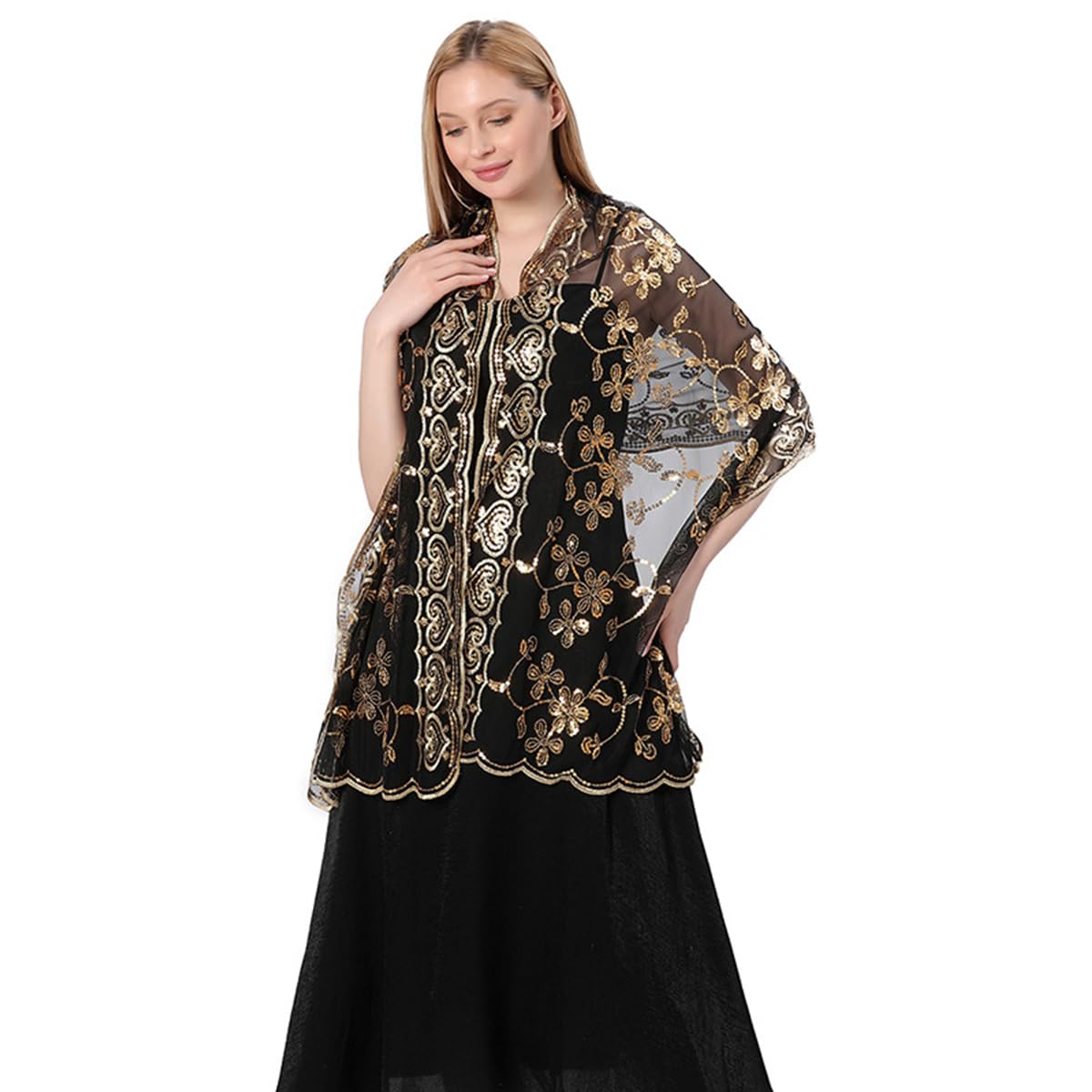 LumiSyne Women's Sequin Shawls And Wraps For Evening Dresses Sparkling Sequin Embroidery Floral Pattern Lace Sheer Lightweight Scarf Elegant Wrap Stole For Bridal Bridesmaid Wedding Party