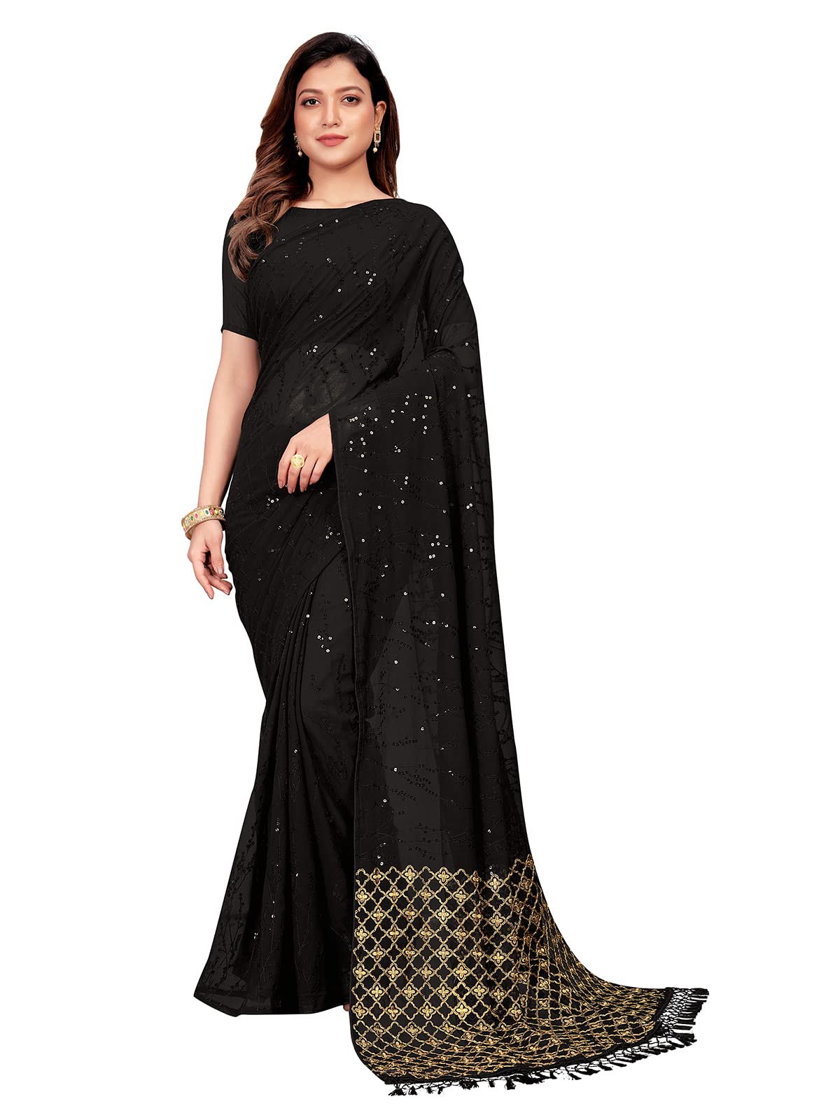 Pratham Blue Women's Sequins Georgette Fancy Saree With Blouse Piece (Pb-290_Black)