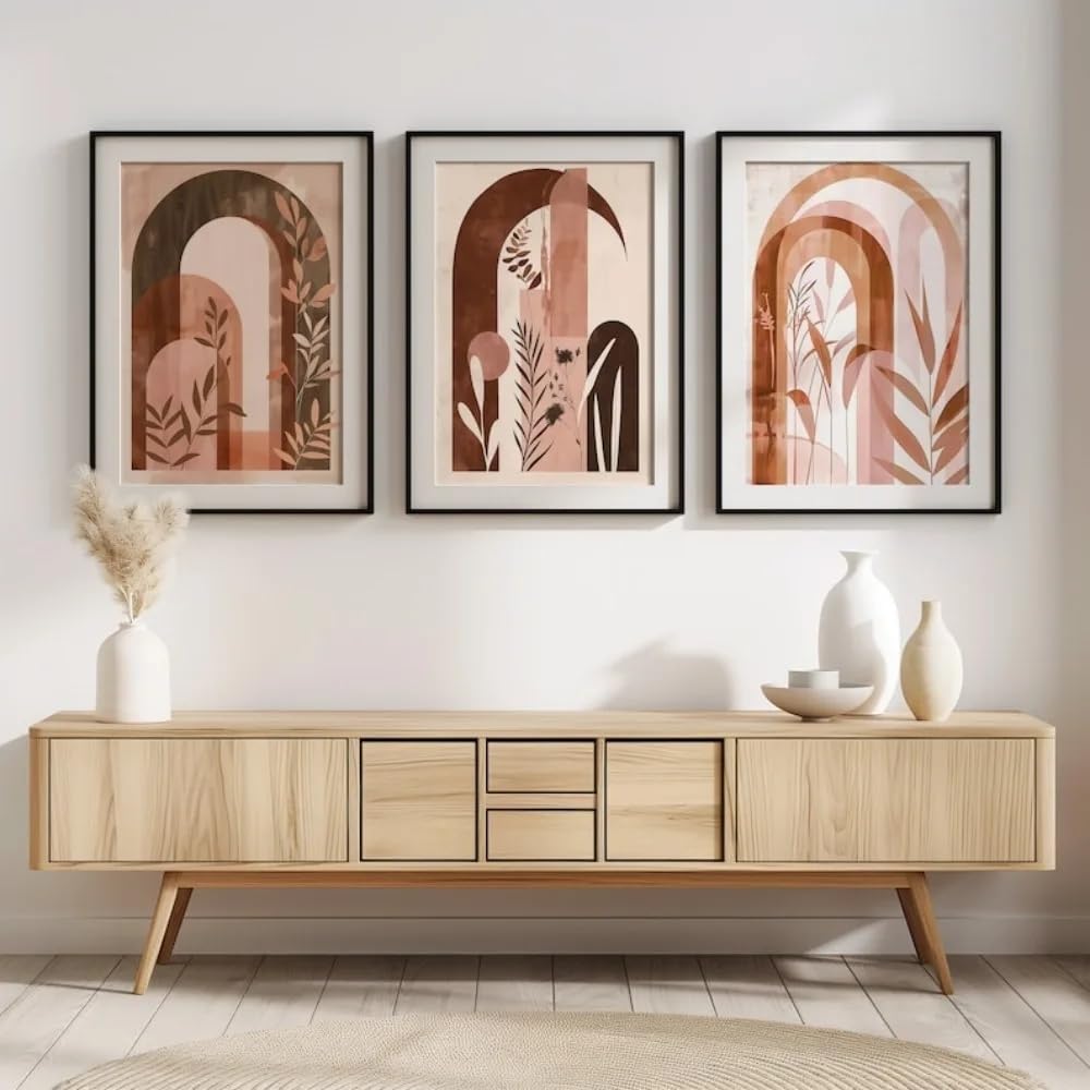 GOSRD Canvas Prints Poster Earth Tone Arch Wall Bohemian Living Room Warm Natural And Floral Decor(60x85cm-3Pcs)