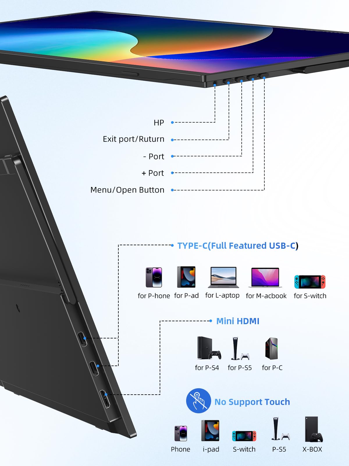 UPERFECT Portable Monitor 15,6 Zoll Touchscreen FHD 1080P 125% sRGB 2000:1 Ultradünn VESA-Kompatibel