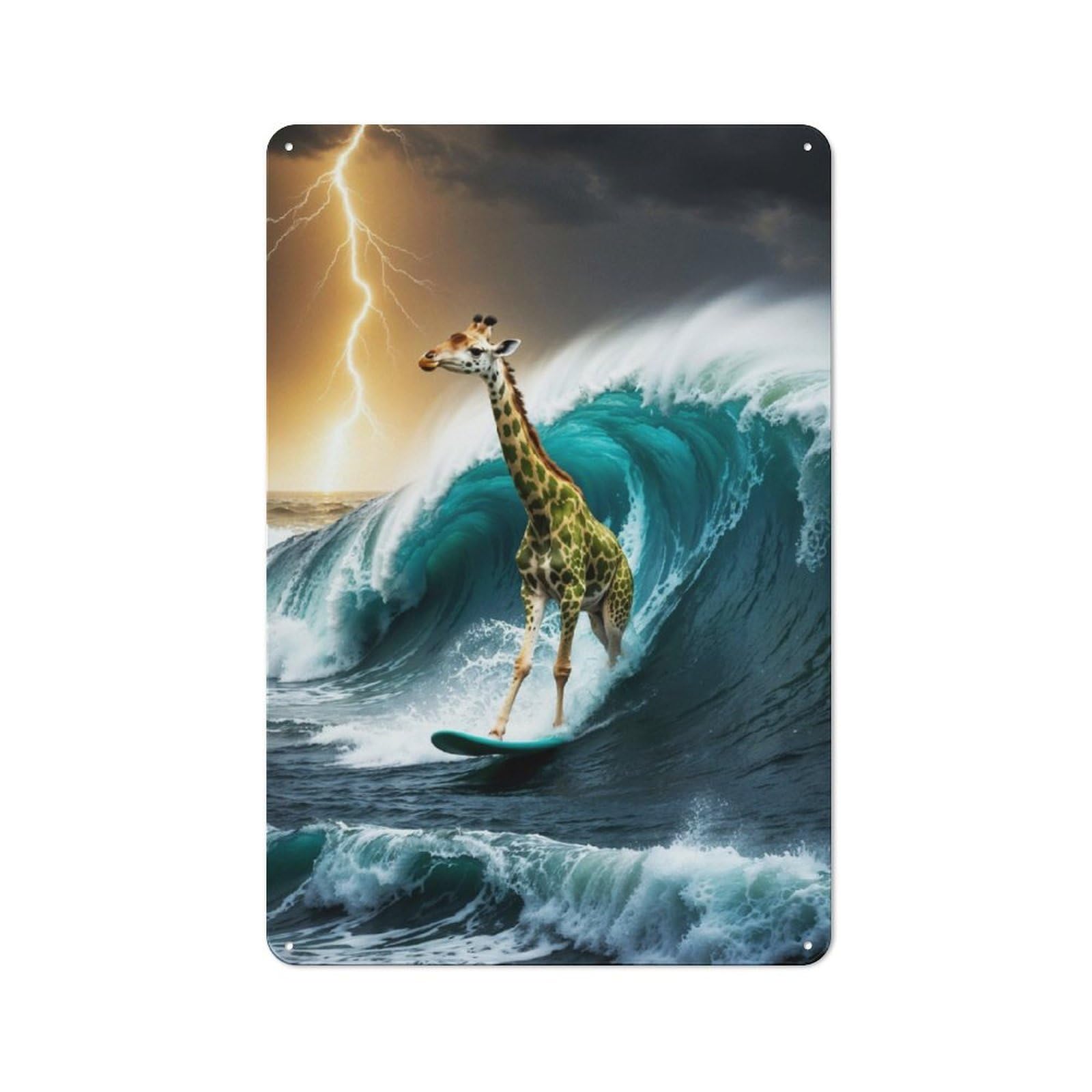 Understated Office Metal Sign 30x20cm Featuring Surfing Giraffe in A Storm, Studio Wall Plaque for Office, Study, Studio Or Hallway