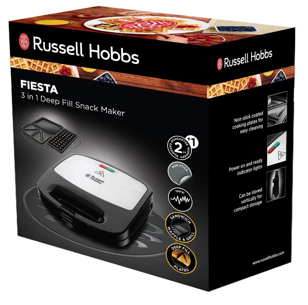 Russell Hobbs Sandwicheras [3 en 1: gofrera, tostadora, grill] Fiesta (750 W, placas antiadherente aptas para lavavajillas, accesorios disponibles (no incluidos): cake pop, donut, churros) 24540-56