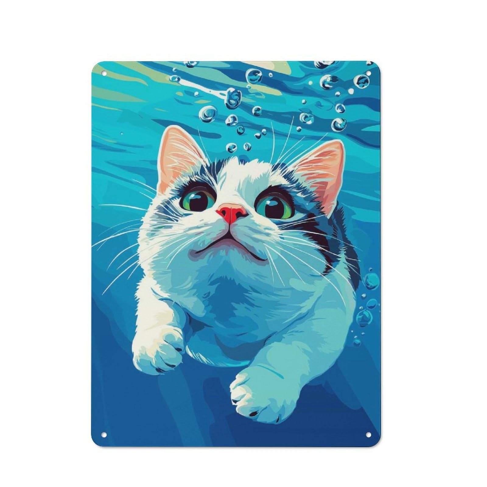 Junmoney Style-15 Vintage Tin Sign With Cat Swimming Underwater Design 40X30cm, Vintage Cafe Wall Decor For Coffee Bar, Kitchen, Bistro Or Tea Corner