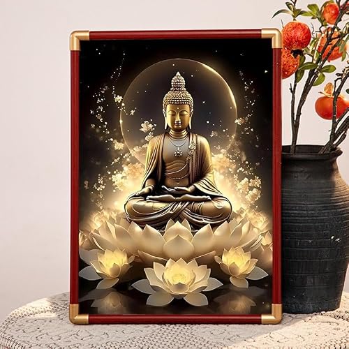 実木立体額装 釈迦如来像 掛け仏画, 南無阿弥陀仏蓮華座, 家用供奉置物, 高さ20cm (ブラウン)