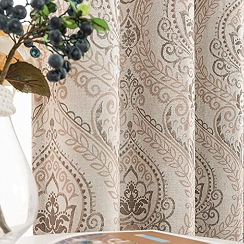 JINCHAN Medallion Linen Textured Curtains for Living Room 84 Inch Length Drapes Damask Pattern Flax Window Treatments Room Darkening Sliding Glass Doors Bedroom Curtain Panels 2 Panels Taupe on Beige Cover