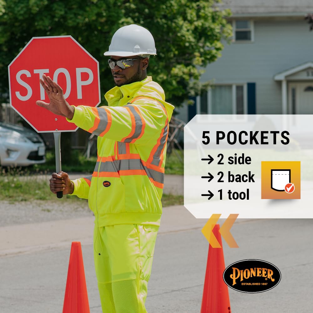 Pioneer Hi Vis Lightweight Traffic Safety Work Pants for Men & Women - Reflective Tape - Leg Zippers - Yellow/Green - Image 4