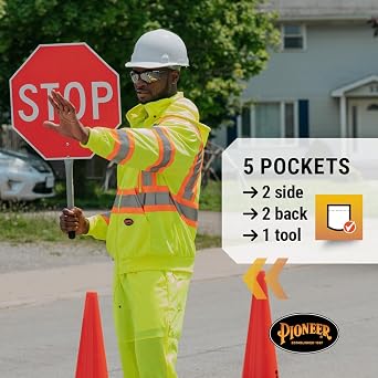 Pioneer Hi Vis Lightweight Traffic Safety Work Pants for Men & Women - Reflective Tape - Leg Zippers - Yellow/Green