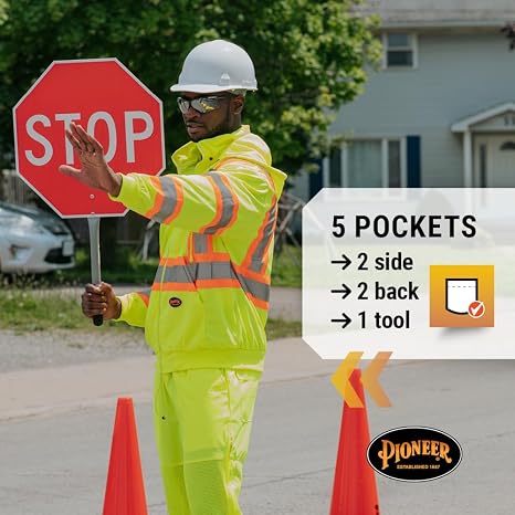 Pioneer Hi Vis Lightweight Traffic Safety Work Pants for Men & Women - Reflective Tape - Leg Zippers - Yellow/Green