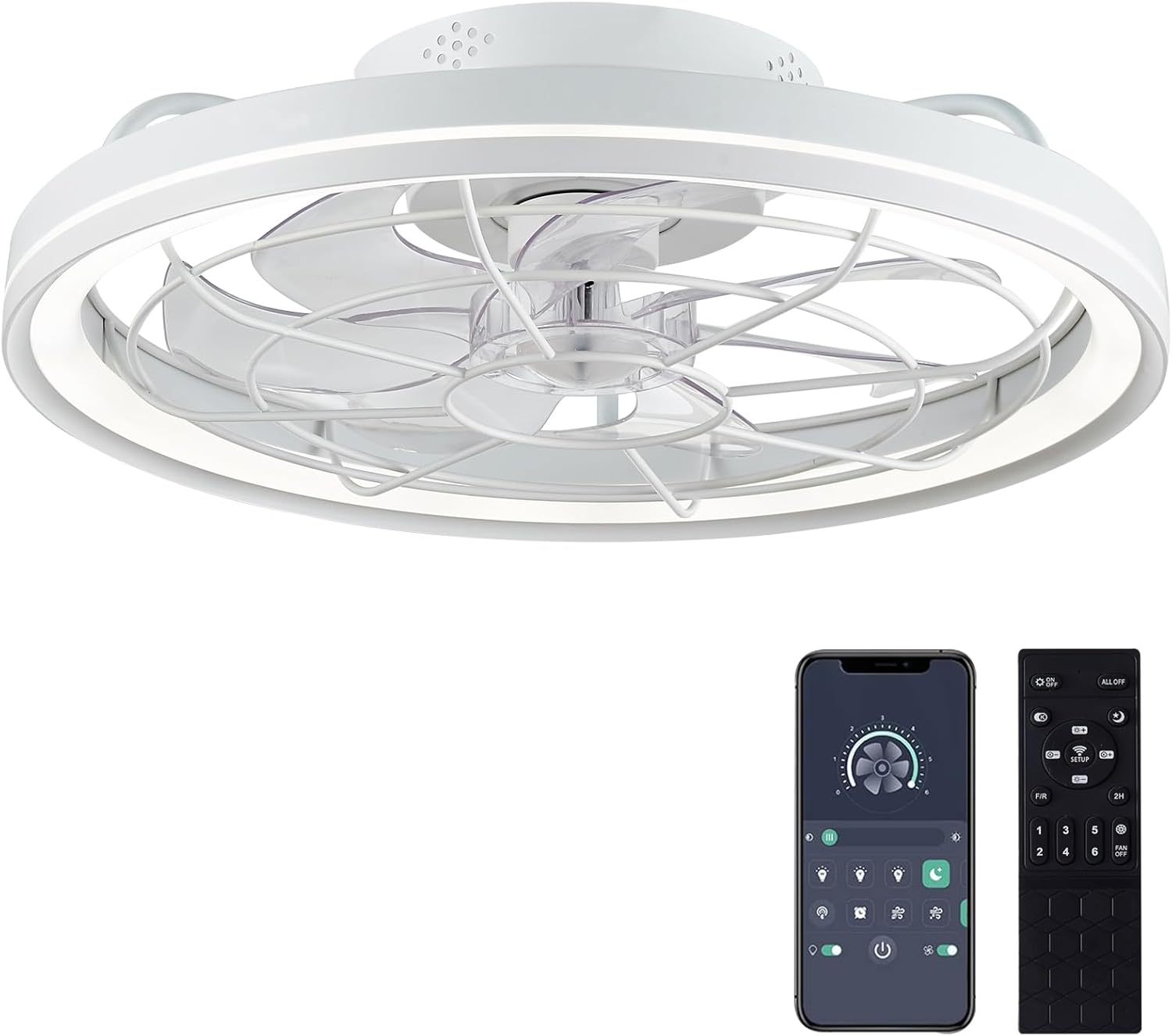 Ceiling Fan with Lights & Remote Control, 20" Low Profile, 6 Wind Speeds, Dimmable Caged Flush Mount, Modern for Kids Room, Bedroom, Kitchen
