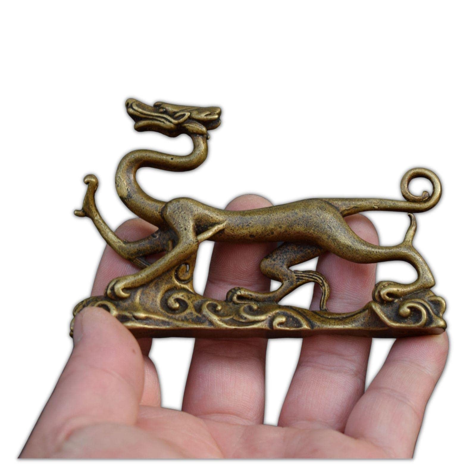 MEIHENI 6.7cm Brass Solid Ancient Mythical Beast Qinglong Decoration, Metal Mythical Beast Qinglong Statue Crafts Fengshui Table Home Decoration Retro microcarving Collection
