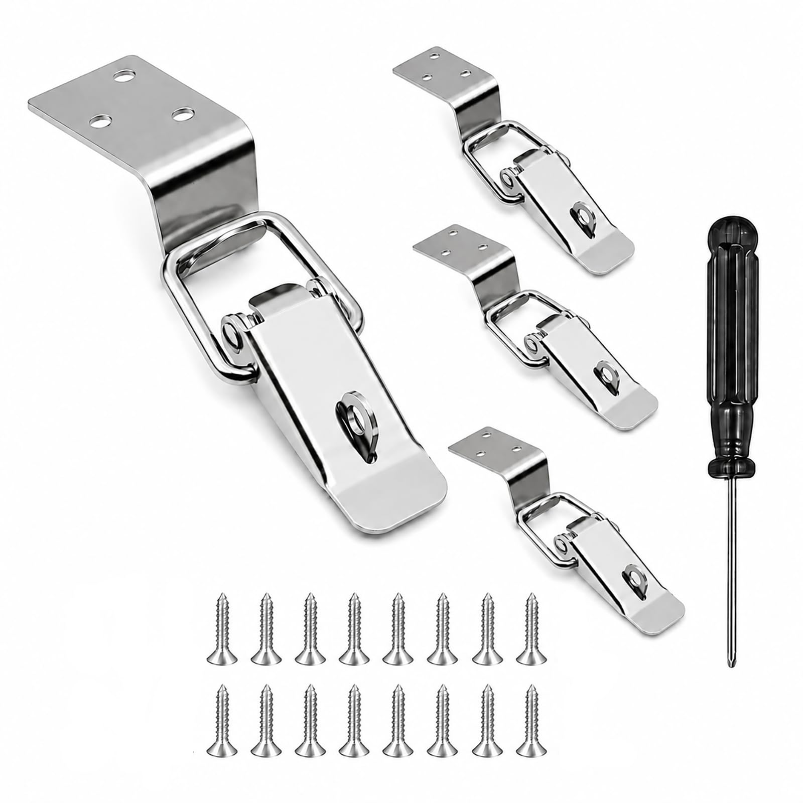 FortWeal Catch, 4Pcs Medium Iron 90 Degree Duck-Mouth Hook Buckle with Lock Supplied with Screwdriver, Spring Loaded Toggle Hasp for Meter Box, Cabinet, Drawer, Toolbox, Trunk, Chest - Silver