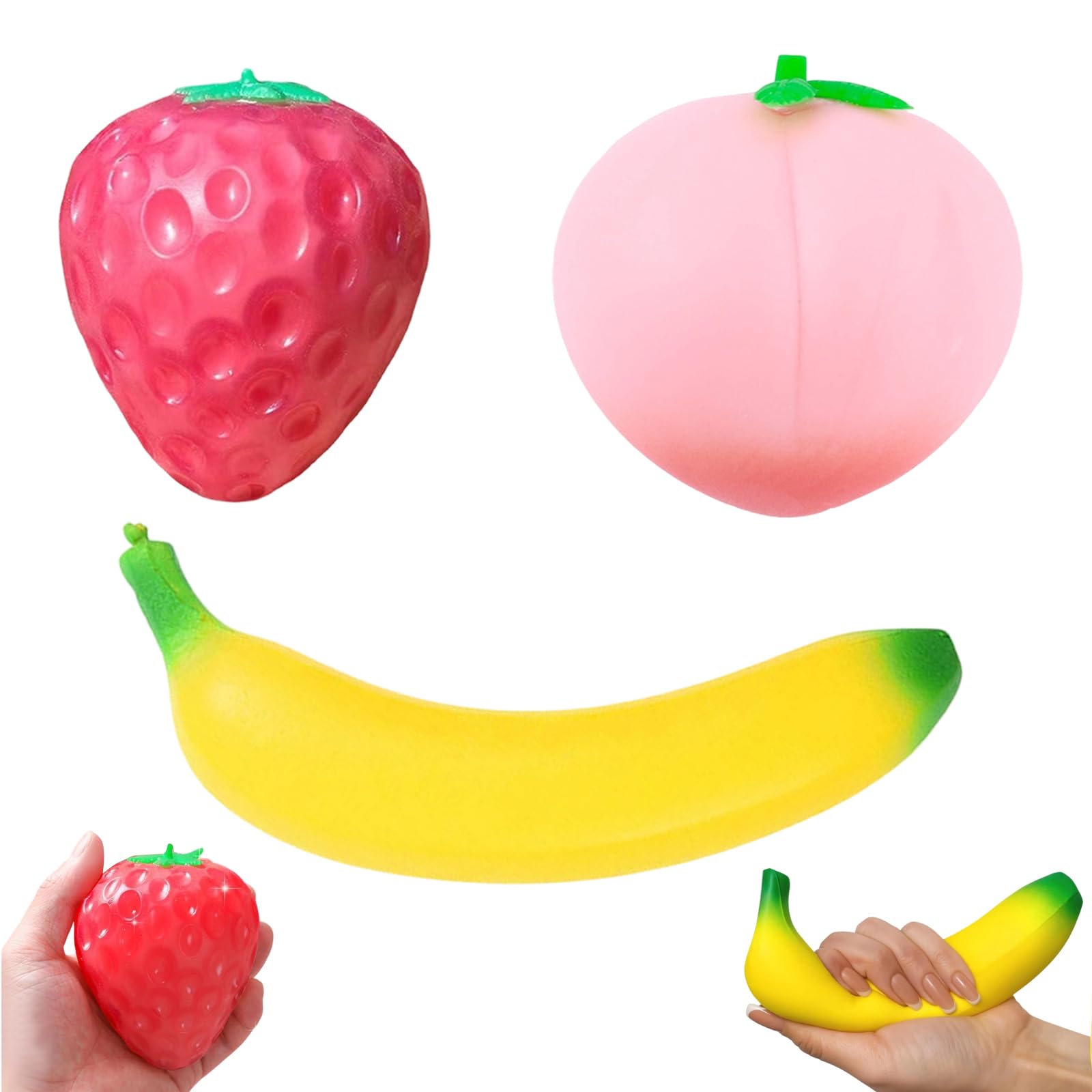 MLPKOI 3Pcs Fidget Squishy Squeeze Toys Set: Peach Squishy, Color Changing Strawberry Squishes, Banana Squeeze Fidget Toy, Cute Novelty Gift for Adults Office Home Decor