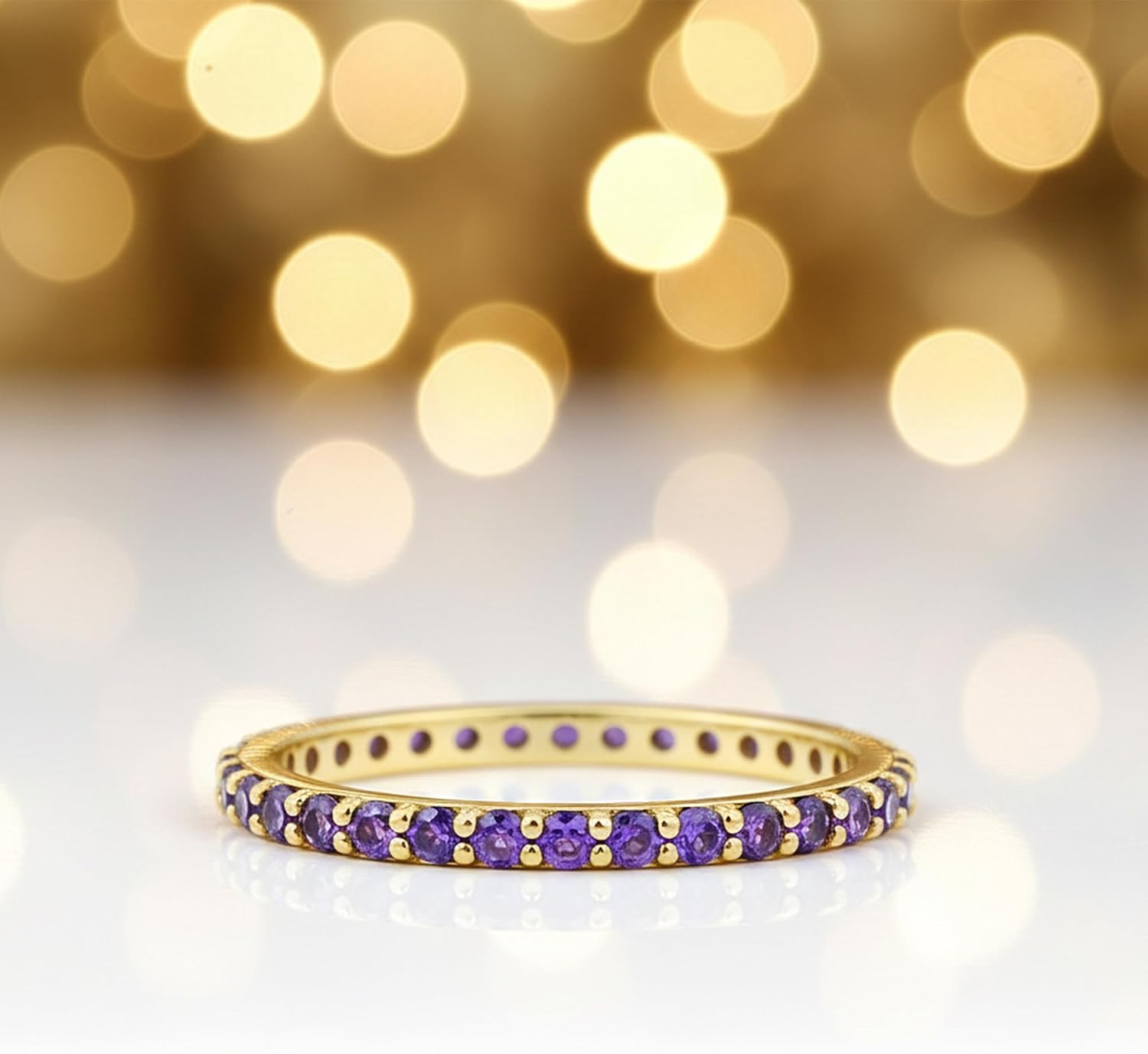 REAL-GEMS 7.3 Ct Round Cut Violet Amethyst Eternity Ring 14K Yellow Gold Vermeil Over 925 Sterling Silver Size 4-11