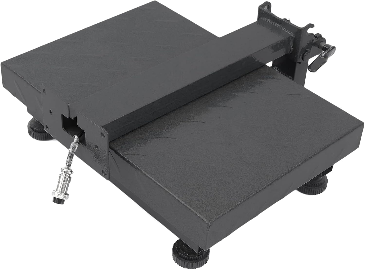 Close-up view of the underside of the scale platform showing the protection screws and leveling feet
