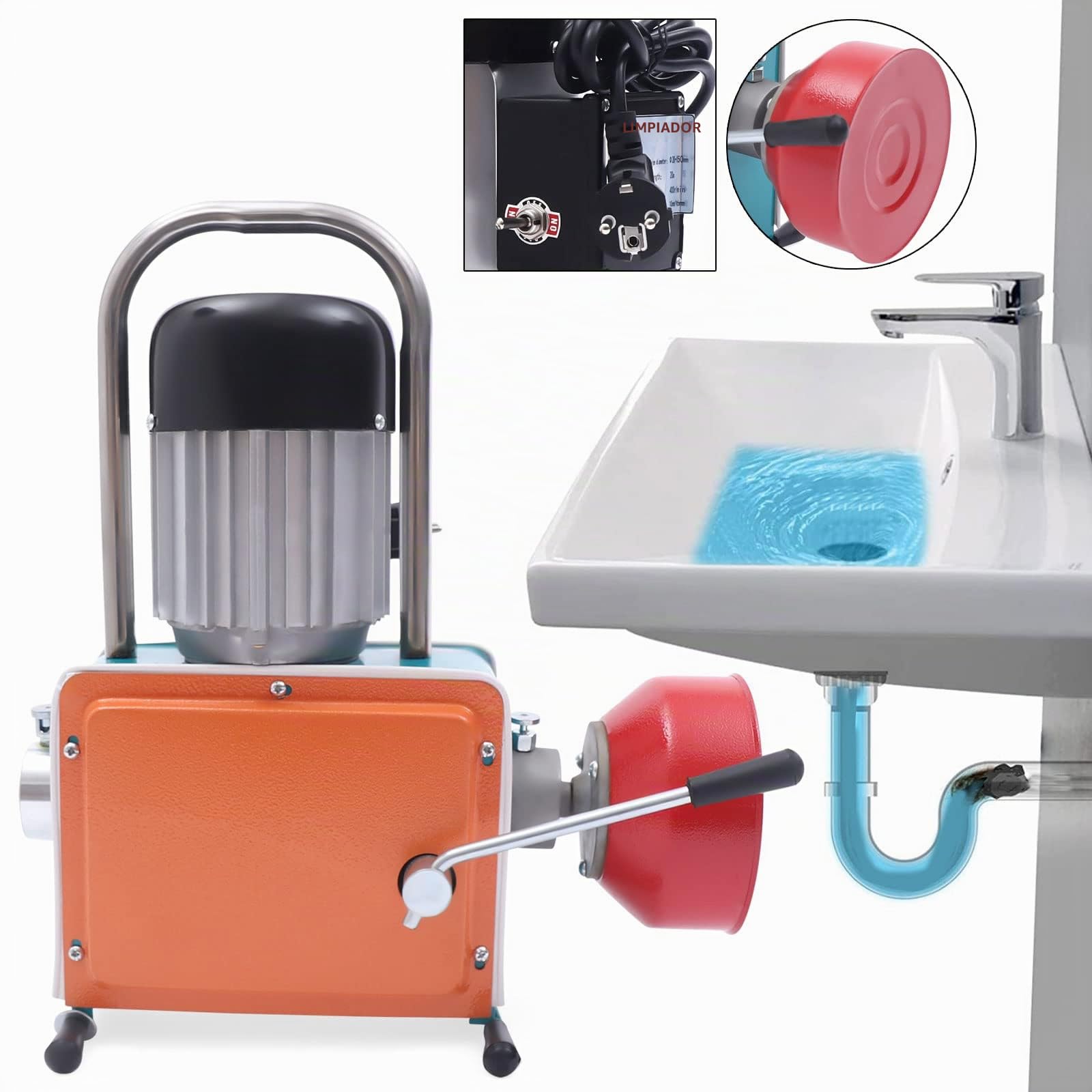 Limpiador de tuberías eléctrico, 1000 W, máquina de limpieza de desagües, 400 r/min, adecuada para tuberías de 20-150 mm de diámetro, desatascador de desagües, baño y cocina