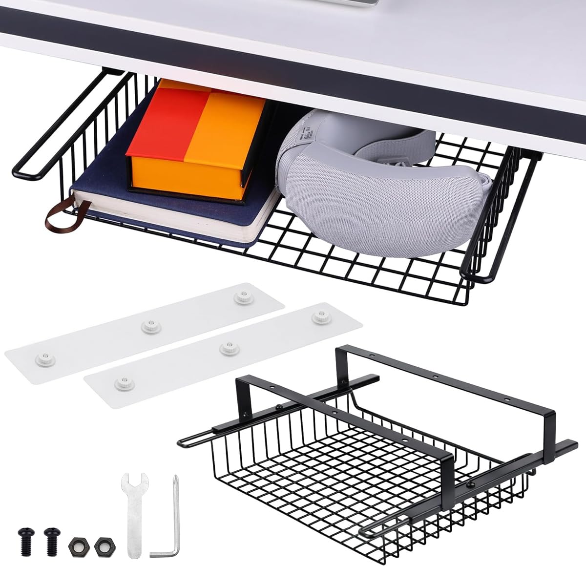 OFIFO® Tool-Free Metal Under-Desk Organizer - Space-Saving Pull-Out Drawer Basket Compatible with Home Office & Study, Vertical Stationery Storage System Featuring Integrated Cable Management and