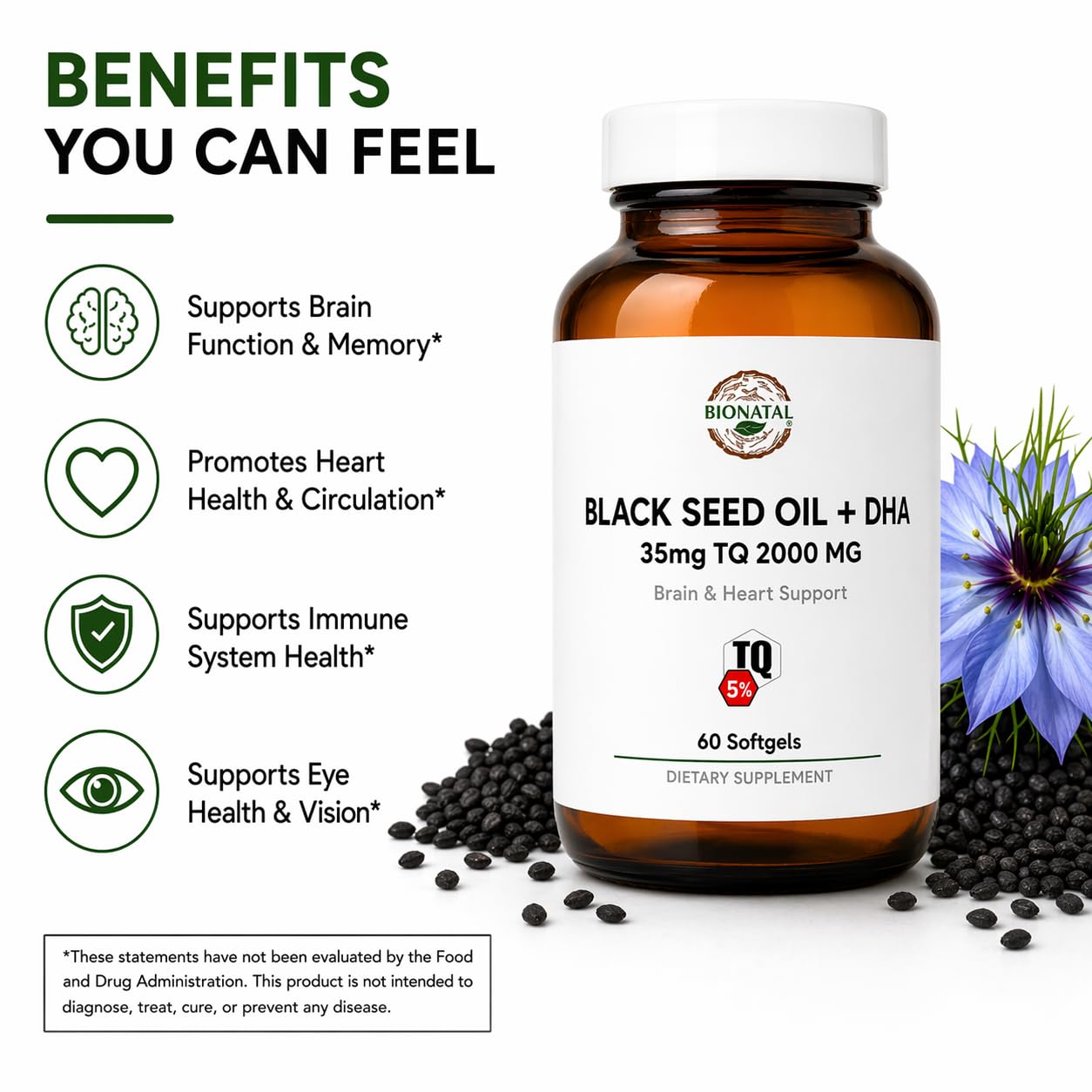 BioNatal Premium Black Seed Oil + DHA Softgels – 5% Thymoquinone (TQ) – Algal Oil Omega-3 & Organic Flaxseed Oil – 2000mg Total Complex – Supports Immunity, Brain, and Joint Health – 60 Softgels — Amazon image 2