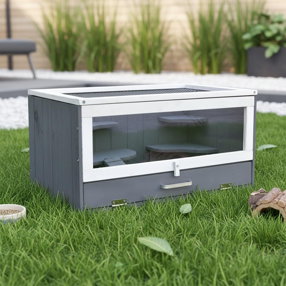 Melko Nagerkäfig aus Holz Grau/Weiß 60 x 35 x 30 cm – Kleintierstall mit Plexiglasfront & Gitterdeckel, inkl. Haus und Trinkflaschenhalter – Hamsterkäfig, Mäusekäfig, Kleintierhaus