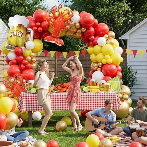 Bonropin Crawfish Boil Party Supplies, 150pcs Crawfish Balloon Arch Garland Kit with Red Yellow Gold Latex Balloons, Crawfish Beer Lemo Foil Balloons for Crawfish Boil Birthday Party Decoration