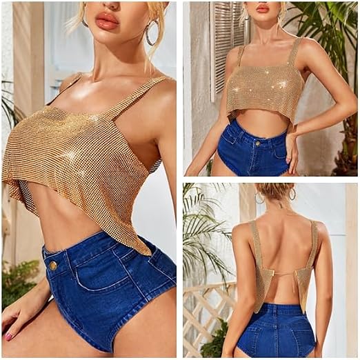 XUNZOO Women's Metallic Crop Top - Shiny Long Sleeve/Sleeveless High Neck Rave Festival Clubwear, XX-Large
