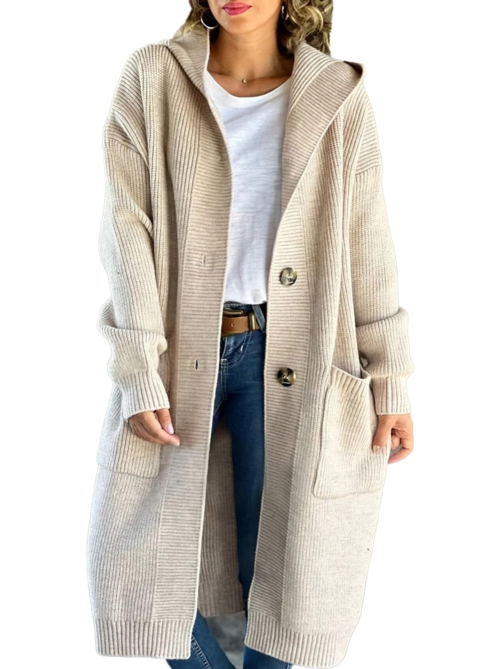 Long Cardigan Sweaters for Women Cable Knitted Open Front Oversized Button Hooded Outerwear Sweater Coat Pockets