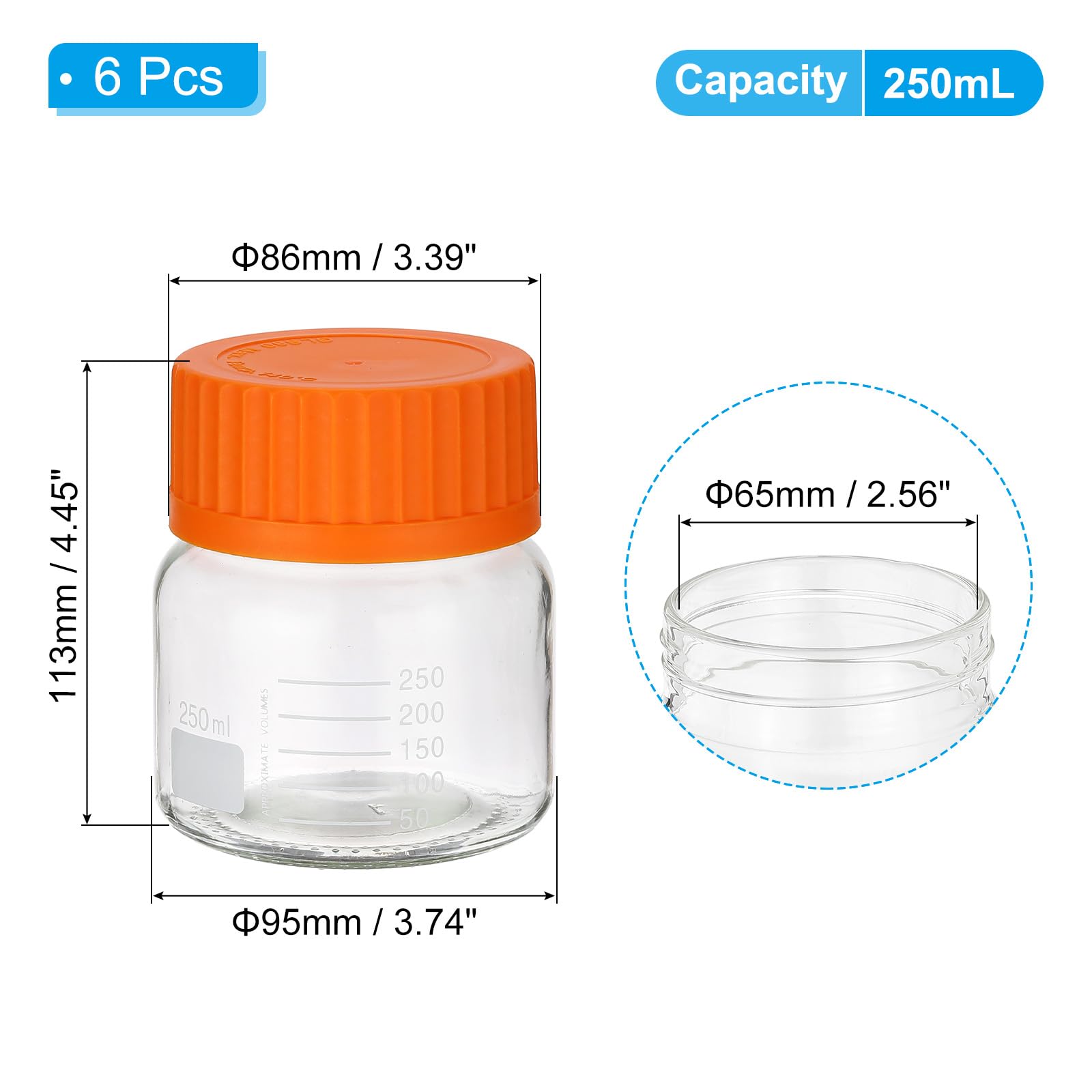PATIKIL 6 Pezzi Bottiglie Da Laboratorio Per Reagenti, 250ml Vetro Borosilicato A Bocca Larga Con Misura Graduata E Tappo Arancione GL32 Per Liquidi Reagenti, Trasparenti