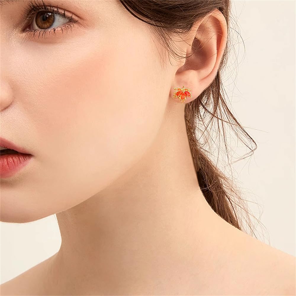 20G CZ Orange Red Maple Leaf Flat Screw Back Small Stud Earrings for Women Stainless Steel Dainty Crystal Leaves Cartilage Tragus Tiny Little Piercing Studs Fall Autumn Festival Jewelry - Image 6