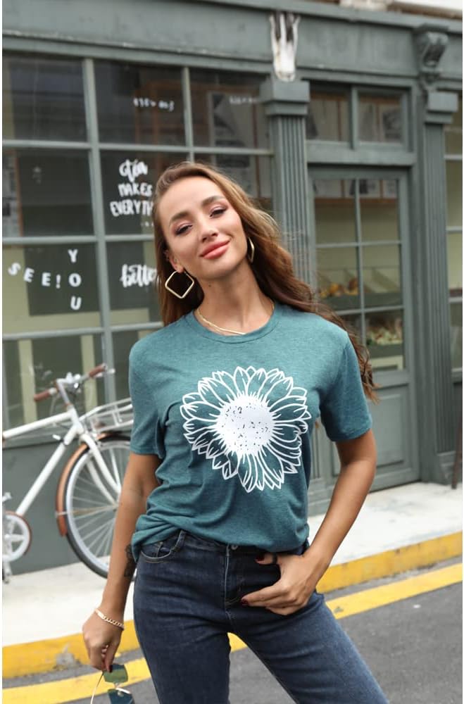 Women's Summer Sunflower T Shirt Cute Flower Graphic Loose Tees Crew Neck Short Sleeve Casual Tops - Image 3