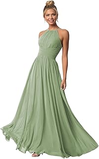 Halter Bridesmaid Dresses Long Chiffon A Line Wedding Formal Prom Evening Gown - Buy now