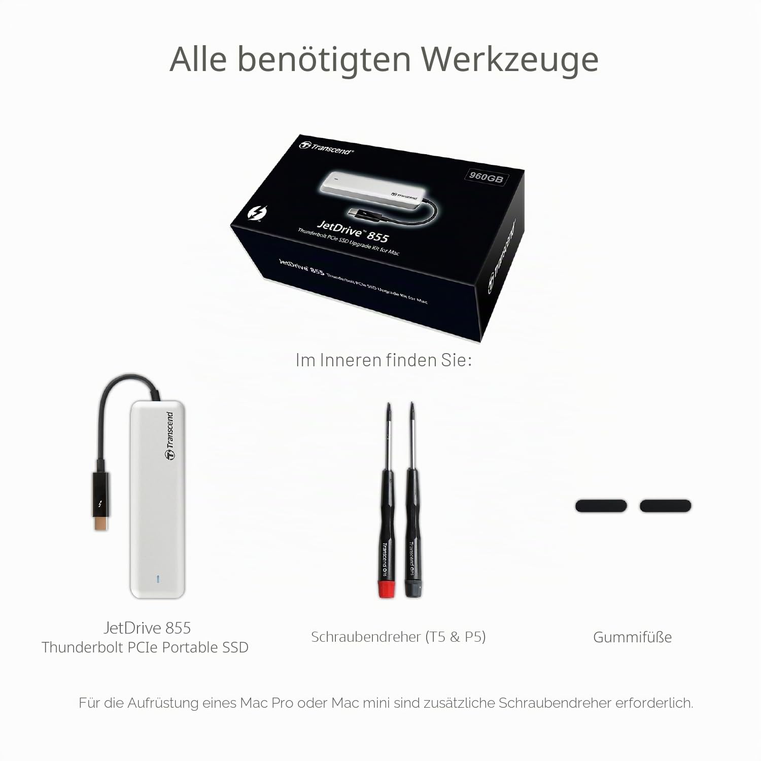 Transcend 960GB JetDrive 855 SSD (mit Gehäuse) für MacBook Air 11" & 13" (Mitte 2013 - 2017), MacBook Pro Retina 13" & 15" (Ende 2013 - Mitte 2015) bis zu 1.600/1.400 MB/s - TS960GJDM855