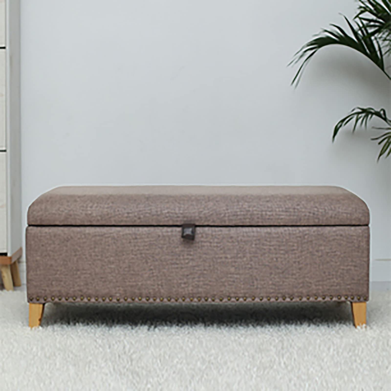 Banc de rangement rembourré en lin marron pour organiser les petites chambres